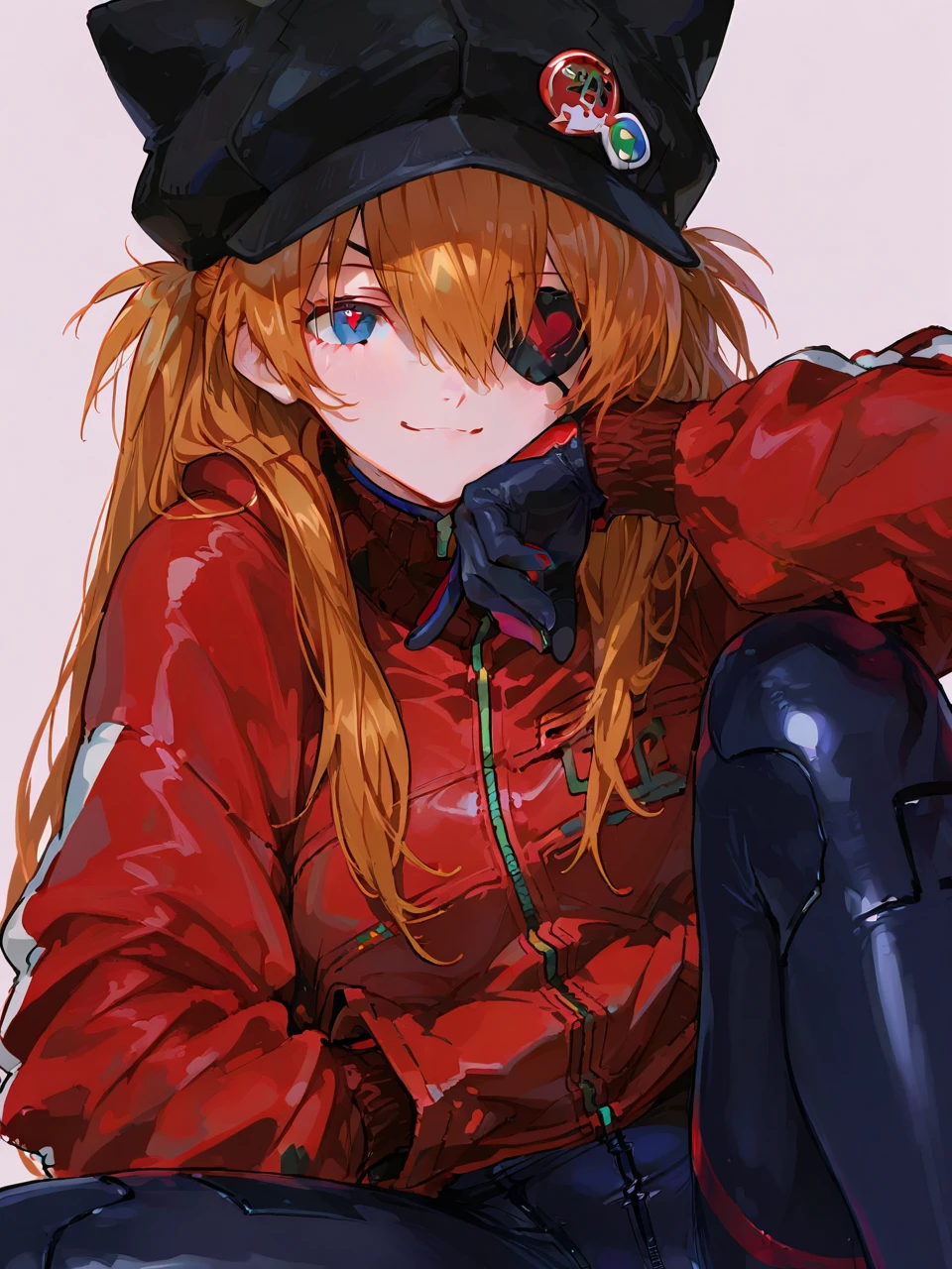  top quality , masterpiece,        748cm style       ,        1 girl,   ,       viewers,  ,      smile,,      Neon Genesis Evangelion 、     Shikinami Asuka Langley、    red jacket , Bodysuit under clothes, Cat hat,      eye patch,  Heart's eye
 
simple background,  cool pose 