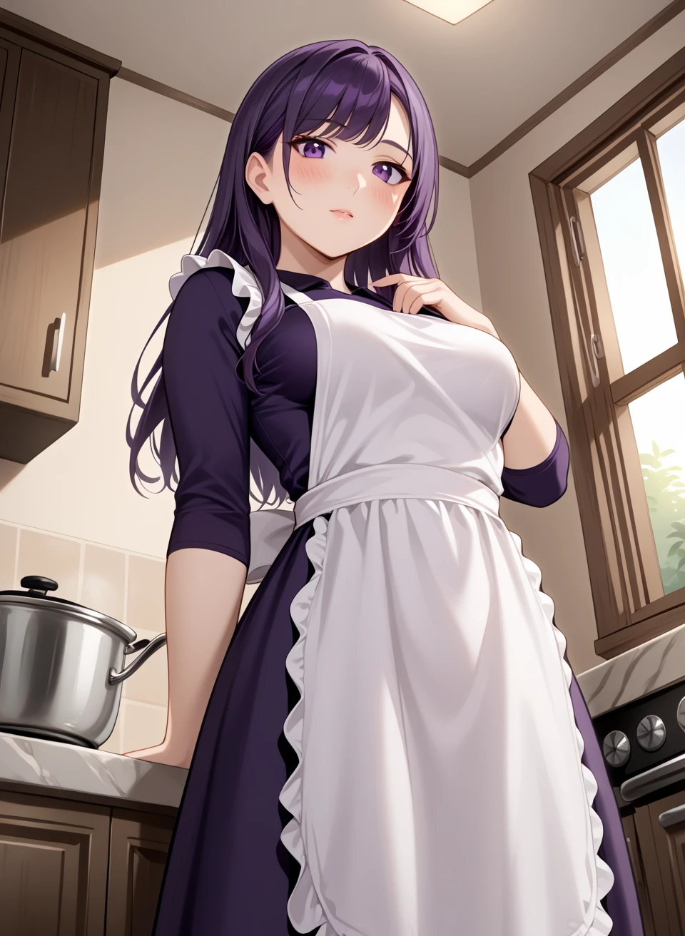 {{upper_body_from_below, dutch_angle}} 1girl, long_hair, purple_hair, purple_eyes, medium_breasts, dress, apron, light_blush, standing, indoor, house, kitchen, looking_at_viewer.