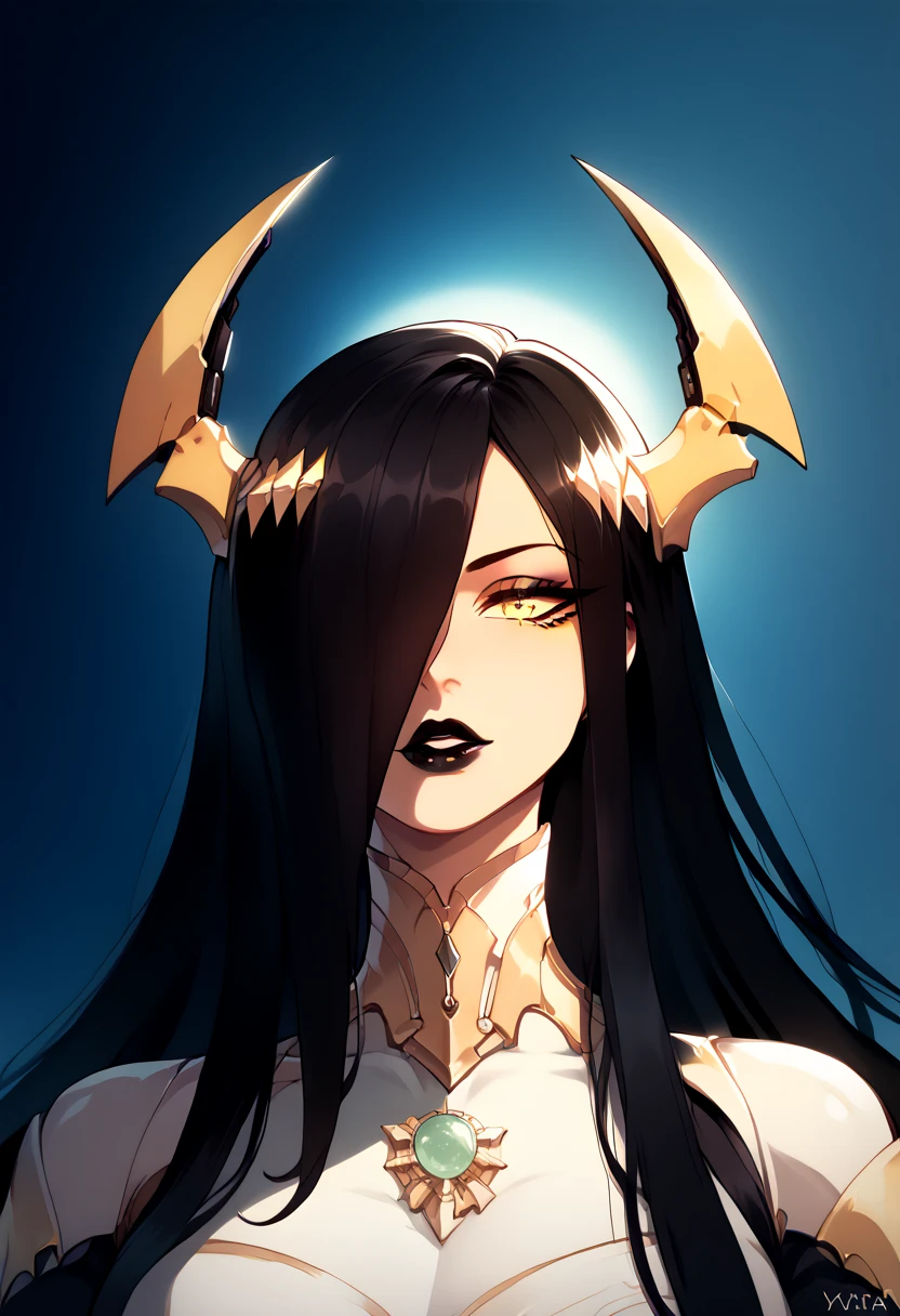 masterpiece, best quality, ultra-detailed, highres), nyantcha style,black hair,yellow eyes,very long hair,mechanical horns,hair over one eye, black lipstick,