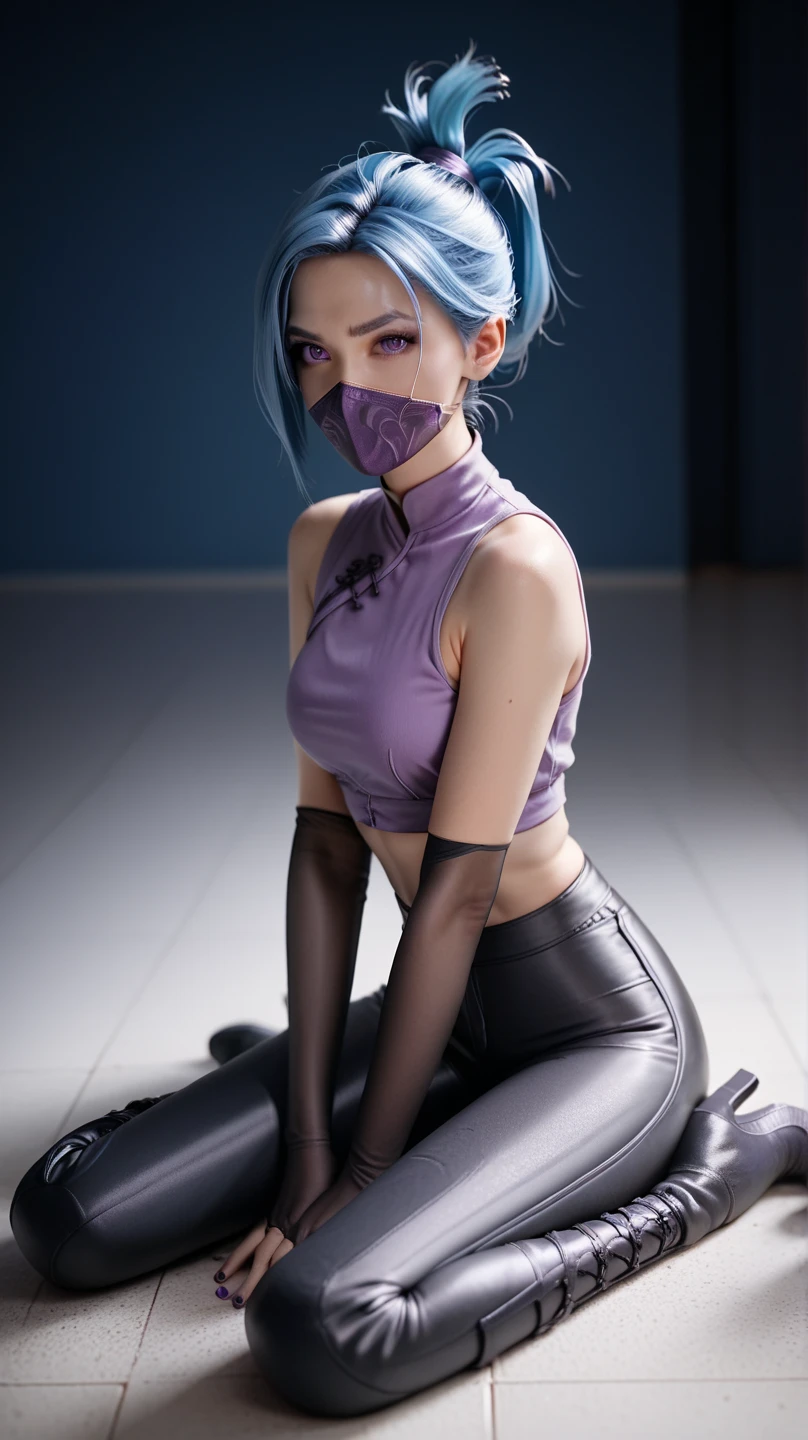 1girl, night thief, blue hair, folded ponytail, purple eyes, ninja mask, mouth mask, purple crop top, black shiny high waisted disco pants, black elbow gloves, thigh boots, sitting on the floor, look at the viewer