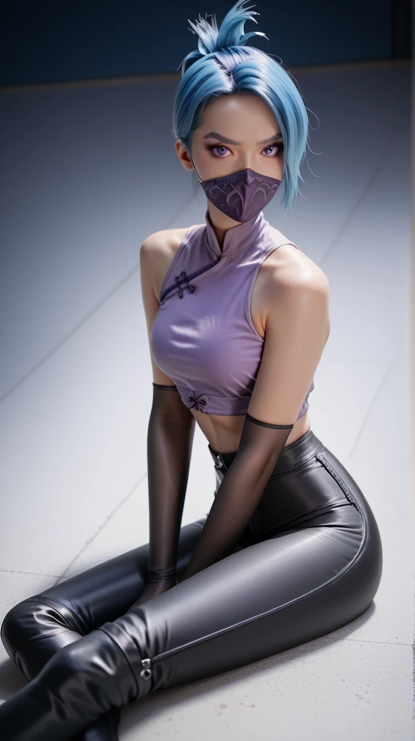 1girl, night thief, blue hair, folded ponytail, purple eyes, ninja mask, mouth mask, purple crop top, black shiny high waisted disco pants, black elbow gloves, thigh boots, sitting on the floor, look at the viewer