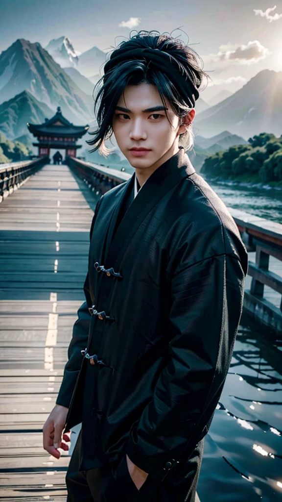 landscape of an men, (((close up shot))), photography with Fujifilm XT3, depth of field, film grain, (front focus)!!, male focus, dynamic lighting, volumetric lighting, Sasuke Uchiha /(Naruto Shippuden/), anime style, (((Standing at Wooden Bridge asian style)))!!!, (((Mountain at far away)))!!!, (((looks at the camera with beautiful light black eyes)))!!, Ultra detailed eyes, (Beautiful light black eye's like onyx :1.40)!!, Stars in her fixed eyes, (homochromatic eyes)!!!, seductive smile, long sleevemouth, (((thin fresh lips)))!!!, Perfect nose, spiky nose,  Face Clean, hyper realistic skin, Hyper-detailing of eyebrows, (((((one eyes covered by black hair)))))!, (ultra shine black hair)!!, (((original Emo hairstyle)))!!!, ((dynamic composition)), ((wear white turban at head))!!, detached sleeves, (Black jacket with trouser)!, vivid color clothes, detailed realistic clothes, Best Quality, Masterpiece, Ultra-detailed, Beautiful, hight resolution, Original, CG 8K, perfect photo, dramatic lighting, (Realistic)!, Full HD, Best Quality, Beautiful lighting, (8k wallpaper of extremely detailed CG unit), High Details, sharp-focus, The art of dramatic and photorealistic painting,  ((at wooden bridge asian style)), dynamic composition, breathtaking rendering, deep shadow, strong color