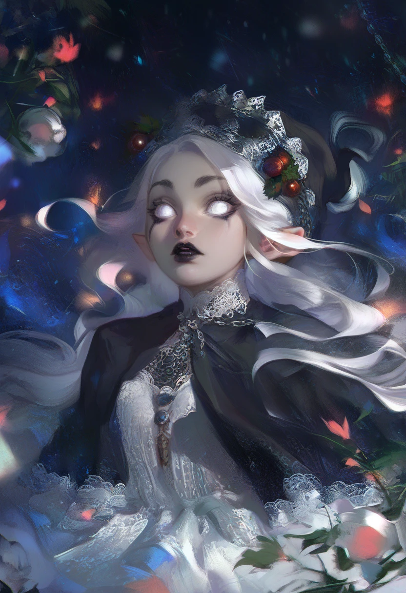 masterpiece, elf woman, solo,young, pale, (very long hair), very straight hair, white hair, black lipstick, white eyes, (white velvet lace dress), black eyebrows, in a snow dead cemetery garden, cute, closeup, expressionless, black christmas hat, evil pose, big silver chains around 