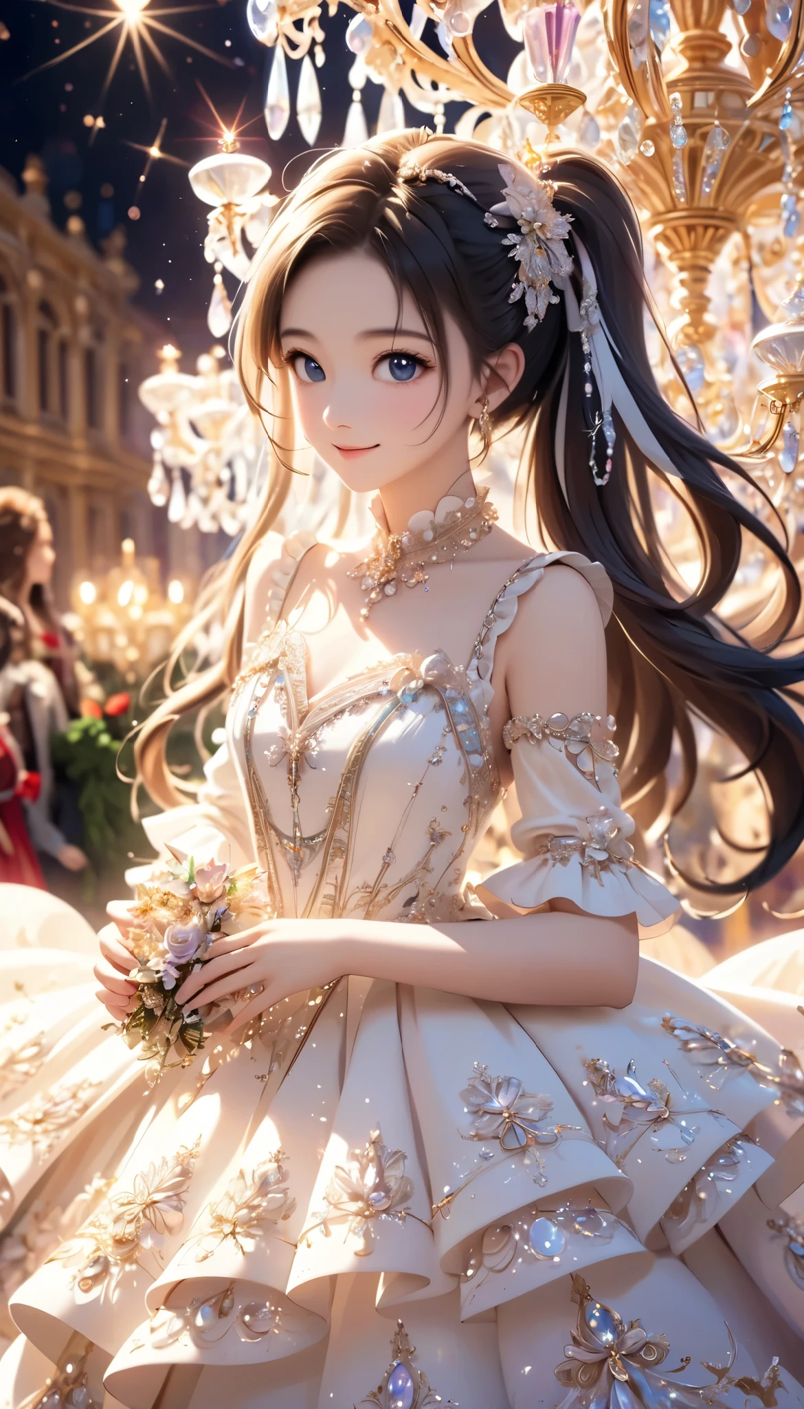 Dramatic composition, Court dress, Royal, christmas outfit, nice, Cascading Ruffles, Raffle, bow, Crystal Chandelier , Swirl Hairstyles, Place, drill-like double ponytail , camera , bangs, Maximalism , Palace-like background, Delicate depiction of hair and eyes, Princess Dress , nice skirts, Flowers in hands, smile, Starry Eyes, Cinematic Light, Extremely detailed, High Definition , happy girl , long hair, diamond with s, broken diamond with s, Crystal Fragment, Particles of light