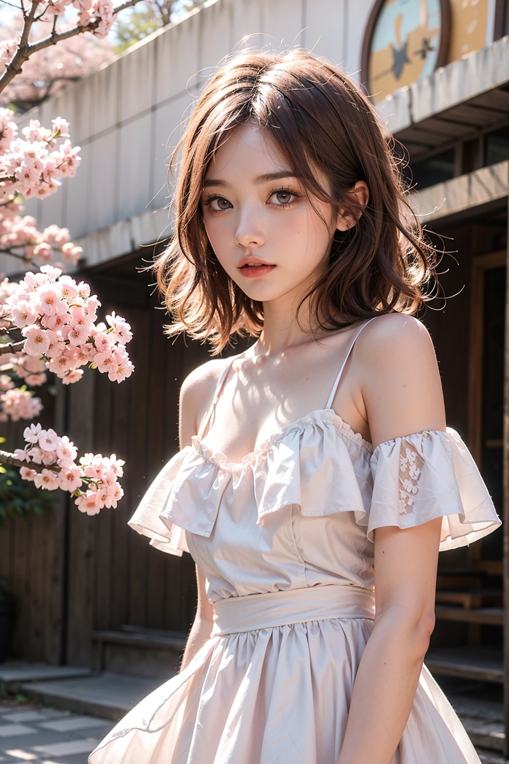 Light pink hair, pink eyes, pink and white, sakura leafs, vivid colors, white dress, paint splash, simple background, ray tracing, wavy hair