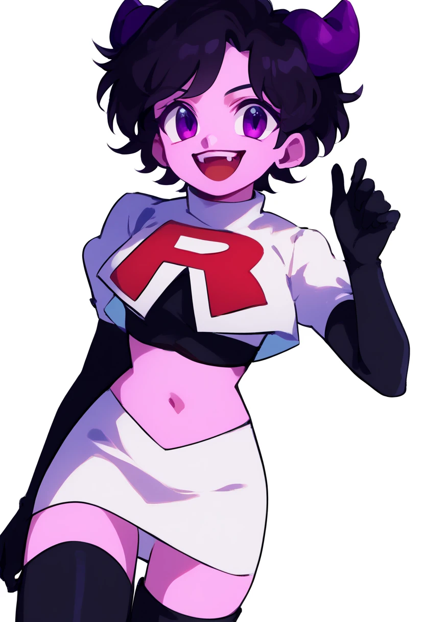 jellybean_yt, solo, looking at viewer, smile, short hair, open mouth, black hair, 1girl, white background, purple eyes, female focus, horns, teeth, colored skin, fangs, team rocket,team rocket uniform,white skirt,red letter R,crop top,black thigh-highs,black elbow gloves, source