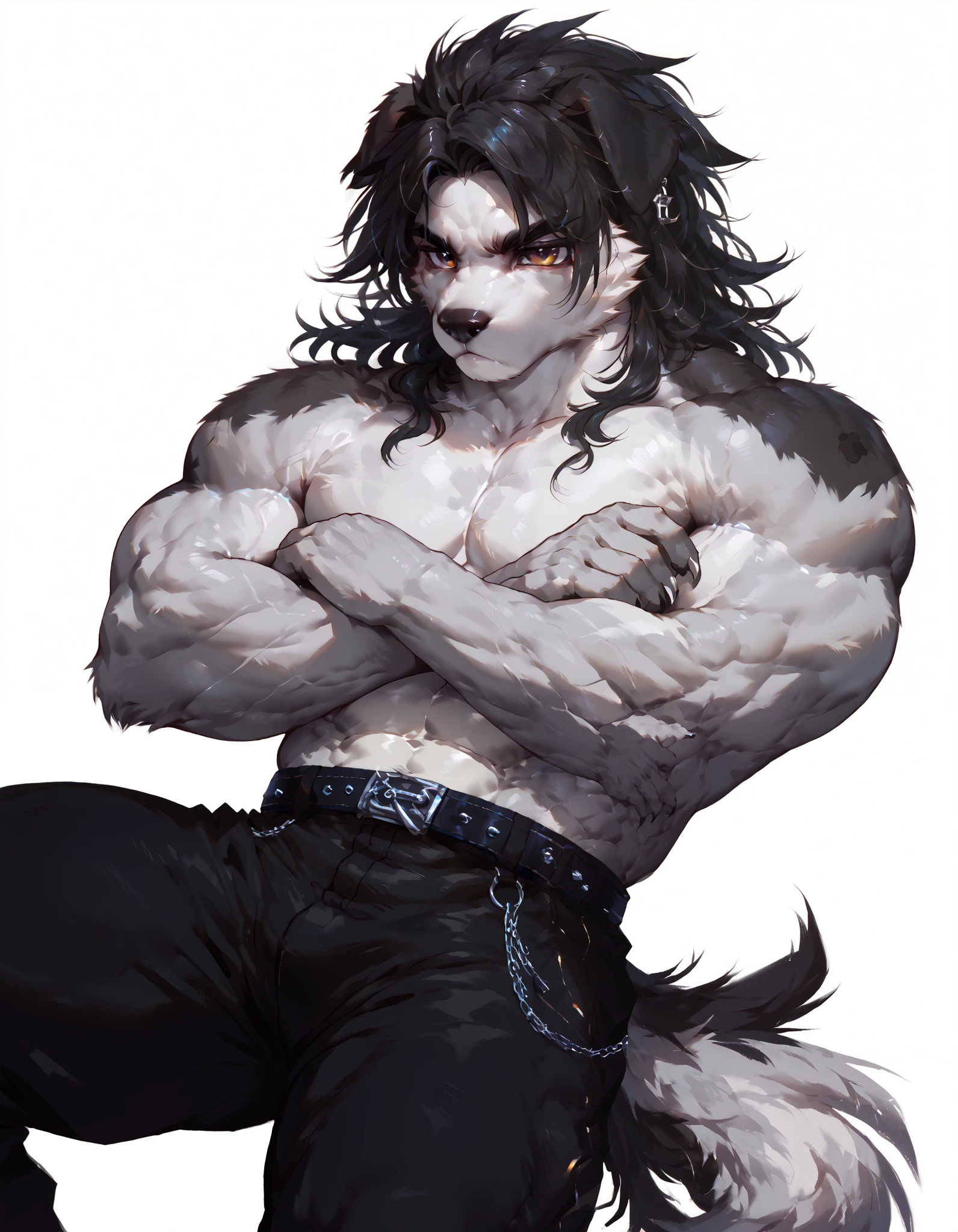 Dog, good looking, male, anthro, ultradetailed, muscular, solo, bareness, rippling muscles, muscles, simple background, white background, tail, serious, lying , open legs, pants, belt, black fur,