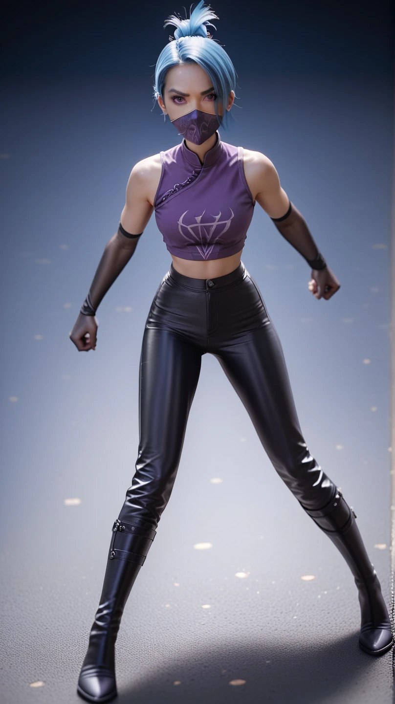 1girl, night thief, blue hair, folded ponytail, purple eyes, ninja mask, mouth mask, purple crop top, black shiny high waisted disco pants, black elbow gloves, thigh boots, standing on the floor, battle stance, look at the viewer