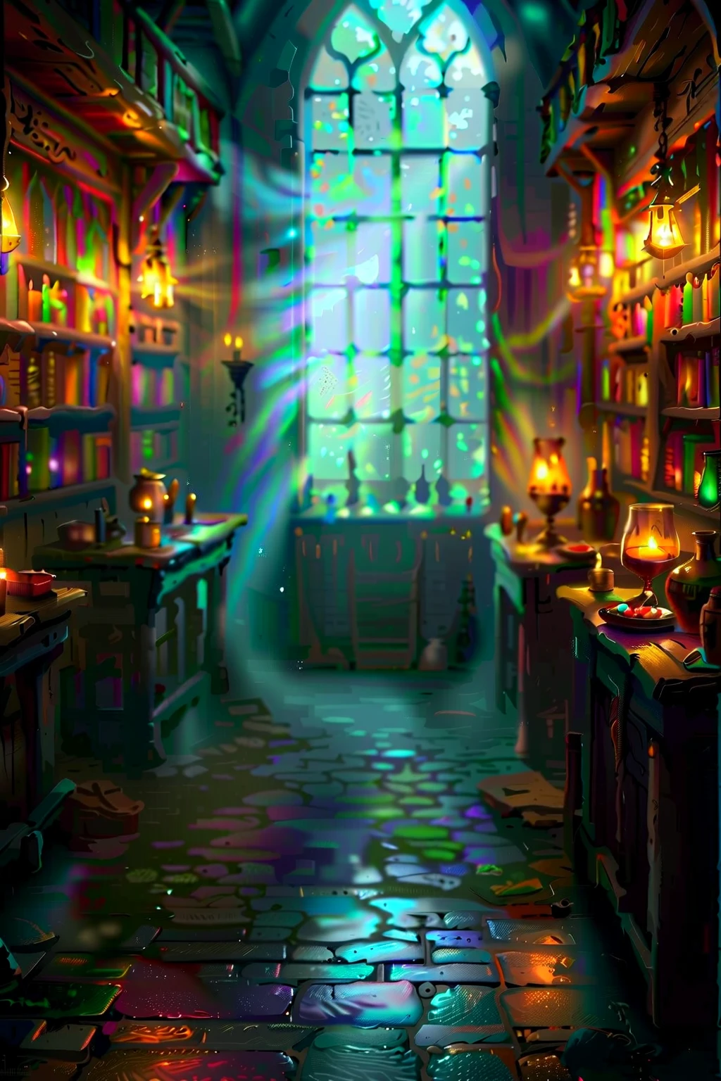 RPG concept art of a medieval fantasy tavern interior, colorful tapestries on the walls Game of Thrones Hogwarts bright morning sunlight shining in from windows with cluttered tables