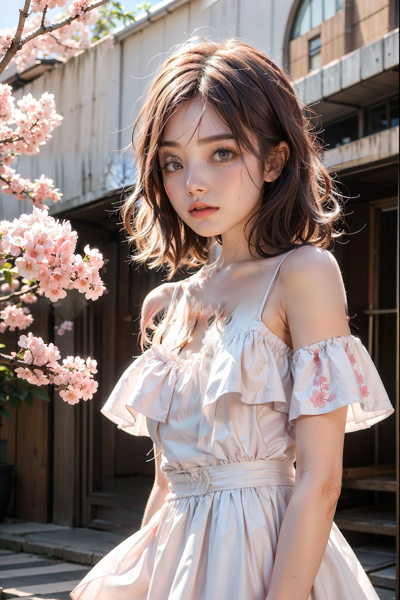 Light pink hair, pink eyes, pink and white, sakura leafs, vivid colors, white dress, paint splash, simple background, ray tracing, wavy hair