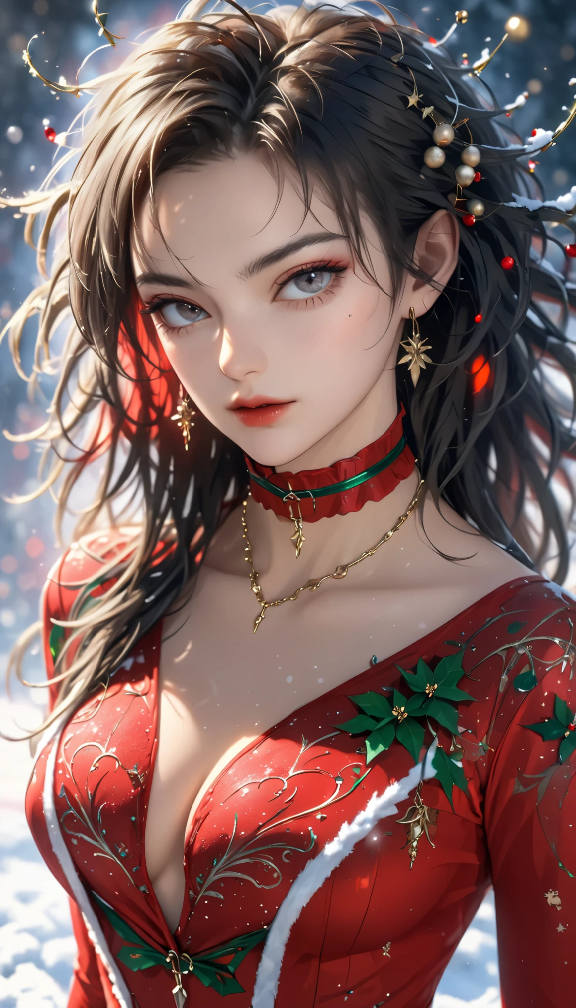 beautiful woman, cool and sadistic, amorous and lewd face, looking down with a cold gaze, make-up, beautiful messy hair, great proportion, tight suits, choker, christmas outfit, (ultra detailed, absolutely resolution, best quality:1.3), 2.5D, delicate and dynamic, shading effects, hyper realistic, artistic photography, graphic CG digital art, (full body view:1.4)