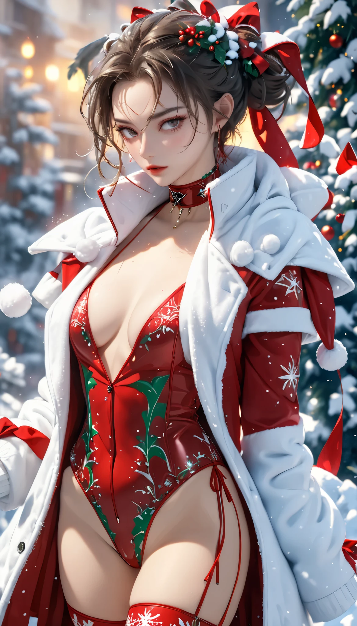 beautiful woman, cool and sadistic, amorous and lewd face, looking down with a cold gaze, make-up, beautiful messy hair, great proportion, tight suits, choker, christmas outfit, (ultra detailed, absolutely resolution, best quality:1.3), 2.5D, delicate and dynamic, shading effects, hyper realistic, artistic photography, graphic CG digital art, (full body view:1.4)