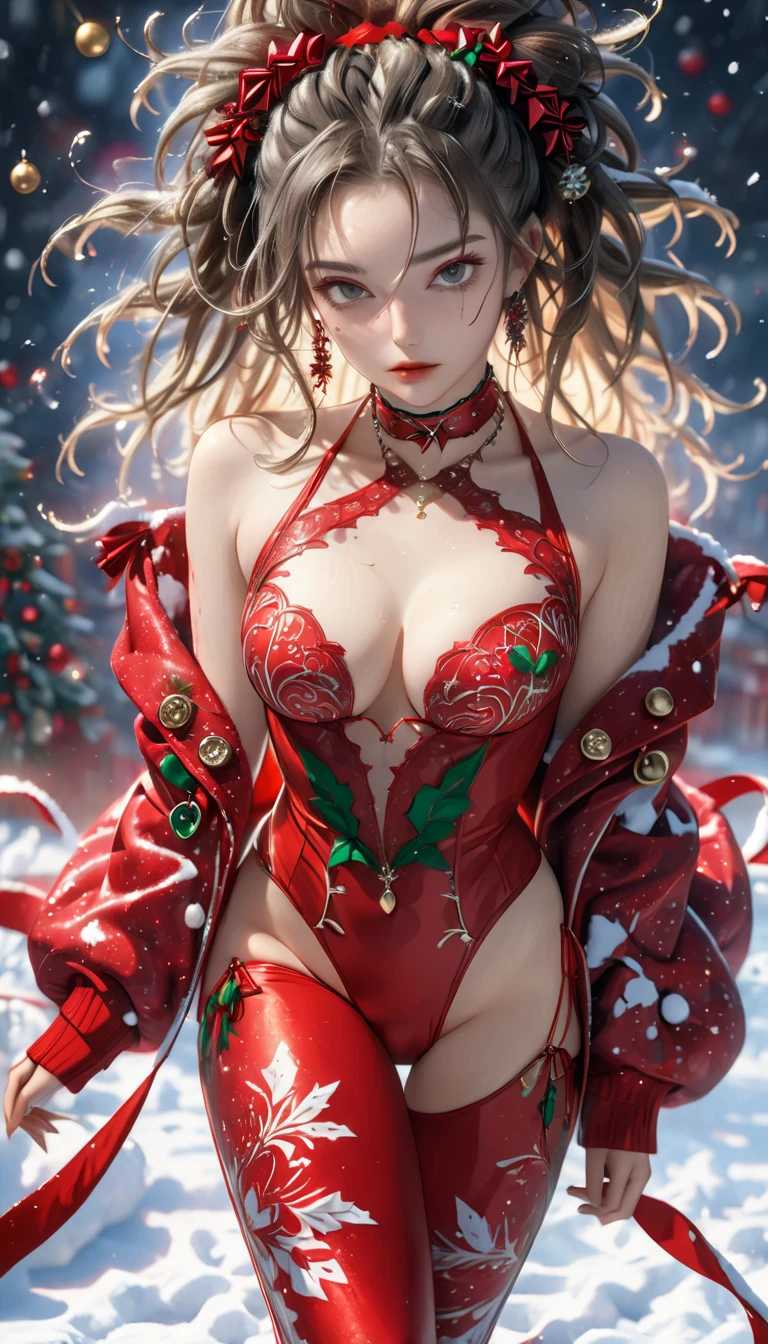 beautiful woman, cool and sadistic, amorous and lewd face, looking down with a cold gaze, make-up, beautiful messy hair, great proportion, tight suits, choker, christmas outfit, (ultra detailed, absolutely resolution, best quality:1.3), 2.5D, delicate and dynamic, shading effects, hyper realistic, artistic photography, graphic CG digital art, (full body view:1.4)