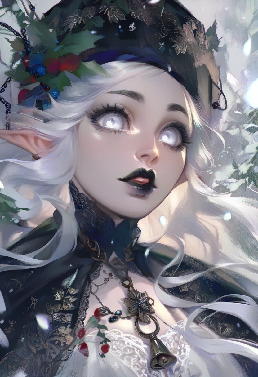 masterpiece, elf woman, solo,young, pale, (very long hair), very straight hair, white hair, black lipstick, white eyes, (white velvet lace dress), black eyebrows, in a snow dead cemetery garden, cute, closeup, expressionless, black christmas hat, evil pose, big silver chains around 