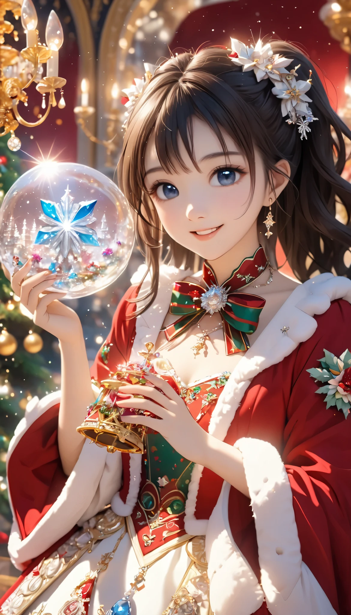 Dramatic composition, Court dress, Royal, christmas outfit, nice, Cascading Ruffles, Raffle, bow, Crystal Chandelier , Swirl Hairstyles, Place, drill-like double ponytail , camera , bangs, Maximalism , Palace-like background, Delicate depiction of hair and eyes, Princess Dress , nice skirts, Flowers in hands, (christmas outfit:1.4), smile, Starry Eyes, Cinematic Light, Extremely detailed, High Definition , happy girl , long hair, diamond with s, broken diamond with s, Crystal Fragment, Particles of light