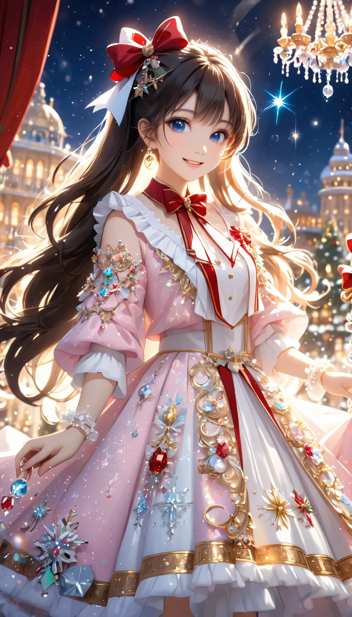 Dramatic composition, Court dress, Royal, christmas outfit, nice, Cascading Ruffles, Raffle, bow, Crystal Chandelier , Swirl Hairstyles, Place, drill-like double ponytail , camera , bangs, Maximalism , Palace-like background, Delicate depiction of hair and eyes, Princess Dress , nice skirts, Flowers in hands, (christmas outfit:1.4), smile, Starry Eyes, Cinematic Light, Extremely detailed, High Definition , happy girl , long hair, diamond with s, broken diamond with s, Crystal Fragment, Particles of light