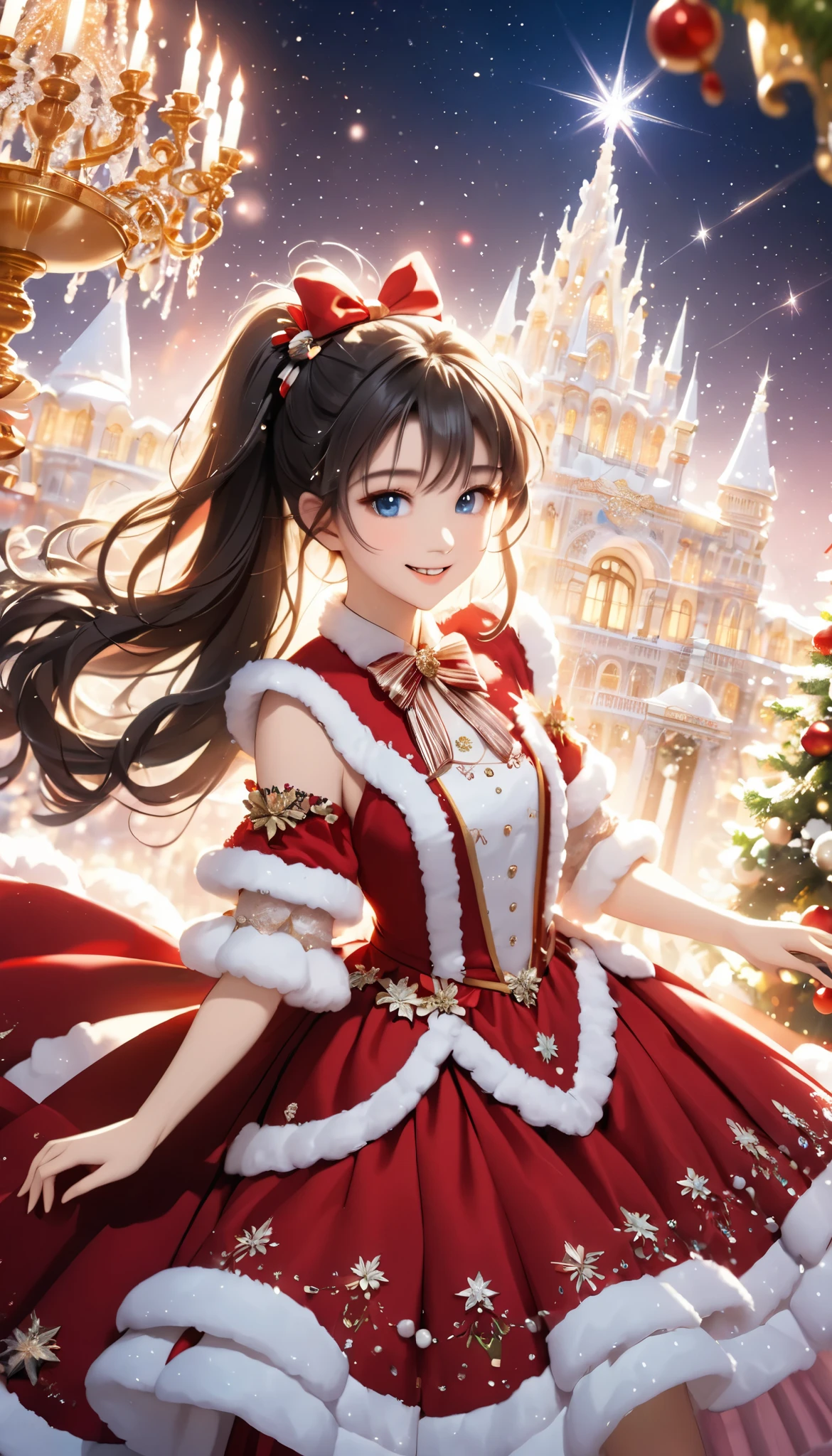 Dramatic composition, Court dress, Royal, christmas outfit, nice, Cascading Ruffles, Raffle, bow, Crystal Chandelier , Swirl Hairstyles, Place, drill-like double ponytail , camera , bangs, Maximalism , Palace-like background, Delicate depiction of hair and eyes, Princess Dress , nice skirts, Flowers in hands, (christmas outfit:1.4), smile, Starry Eyes, Cinematic Light, Extremely detailed, High Definition , happy girl , long hair, diamond with s, broken diamond with s, Crystal Fragment, Particles of light