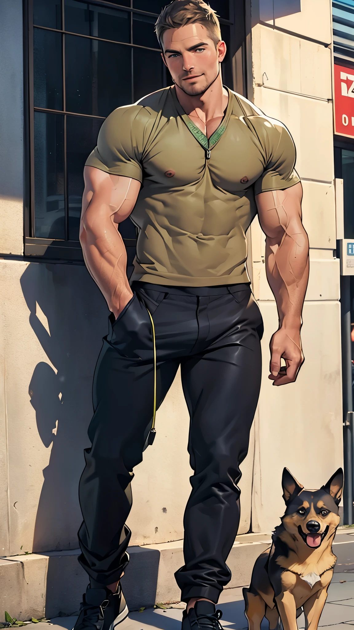 masterpiece , 32k , best quality ,detailed face , natural eyes, 1man, mature man over 30, muscled and mature, (((stephen amell))) as a police man wearing totally unbuttoned shirt, showing his nipples,chest hair , muscles and pubic hair , dark blond short hair with fade away , thick facial hair like daddies, holding a dog leash in his hand , sweating, tight cloth,looking at the viewer , smiling , full body view ,in action , , german shepered dogs near him