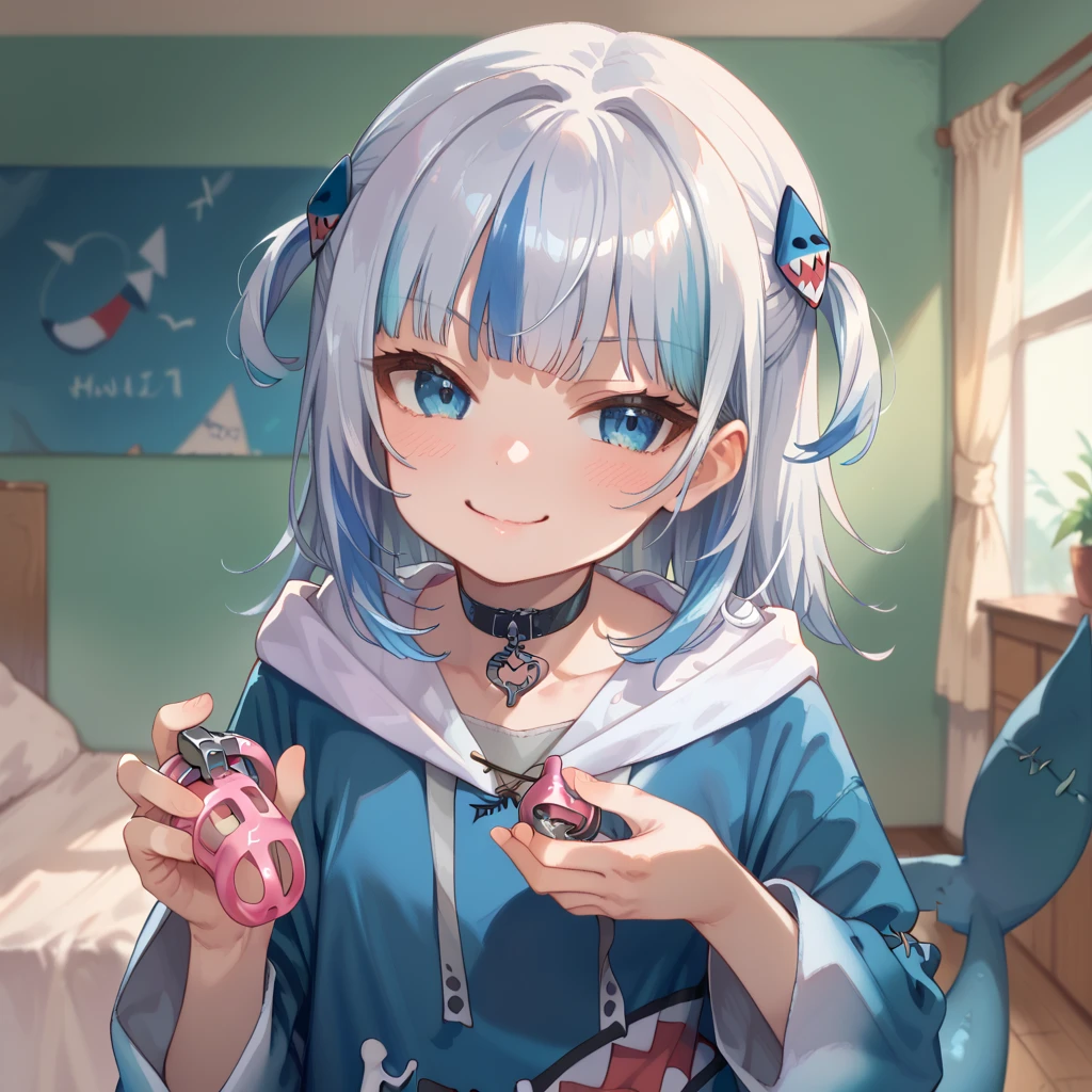 score_9, score_8_up,  highly detailed, 1girl, smirk , blush, ((holding chastity cage)),  choker,  gawr gura, blue hoodie, two side up, shark hair ornament, shark tail