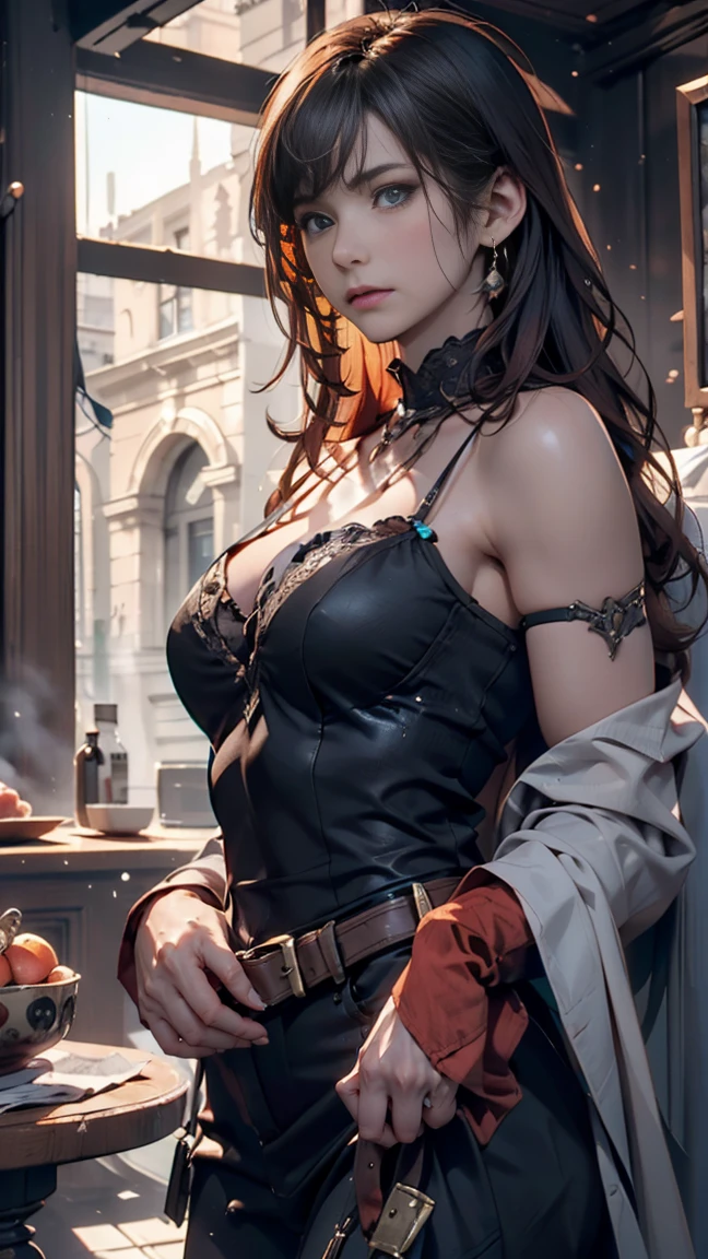 Dining in a high-rise building Restaurant Night view Neon Cyberpunk Big city、A dress that exposes the décolletage、Long gloves with lace、Lace choker、Hold the knife and fork、Meat dishes、Updo hairstyle、eye shadow、lipstick、smile
