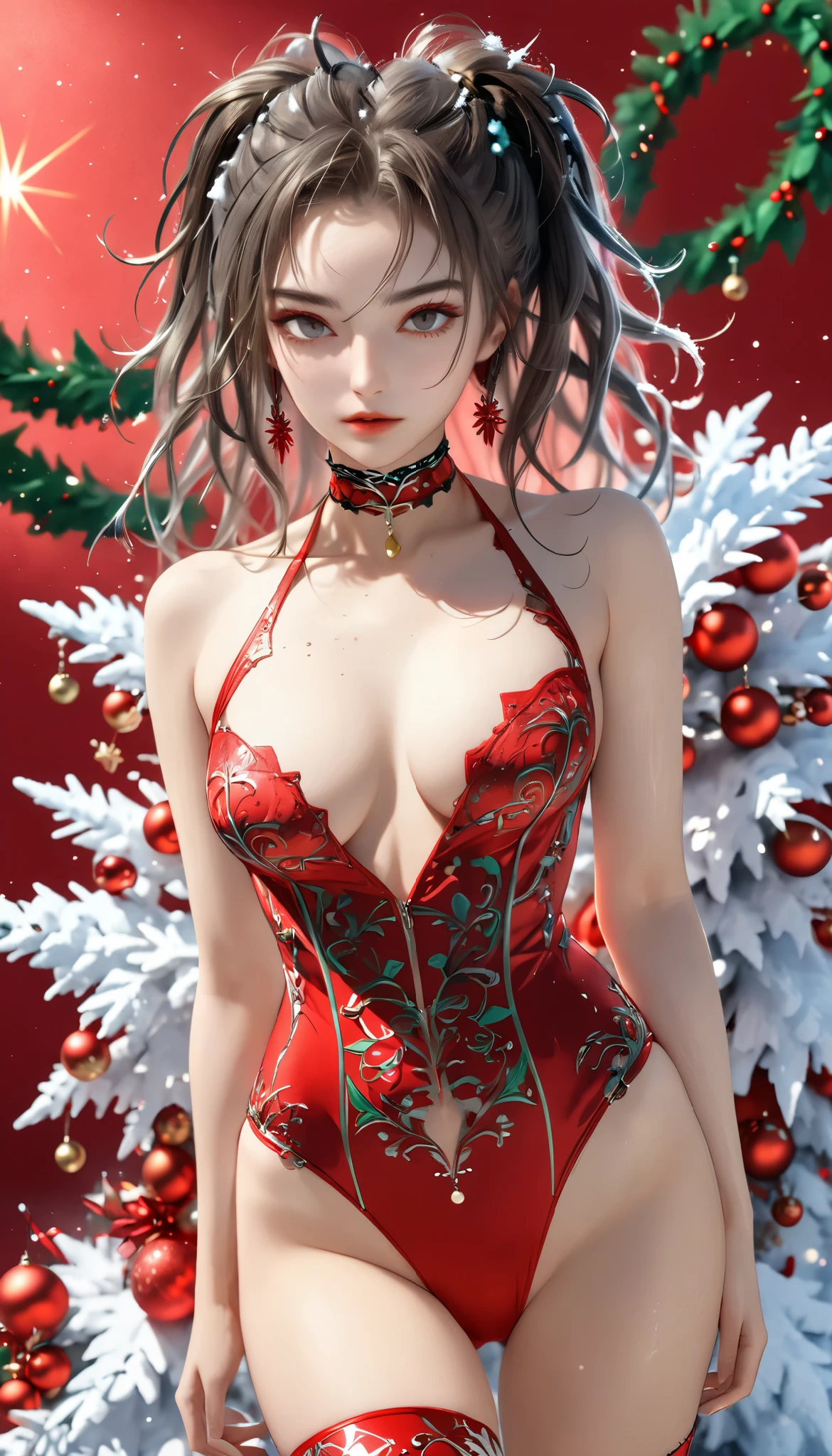 beautiful woman, cool and sadistic, amorous and lewd face, looking down with a cold gaze, make-up, beautiful messy hair, great proportion, tight suits, choker, christmas outfit, (ultra detailed, absolutely resolution, best quality:1.3), 2.5D, delicate and dynamic, shading effects, hyper realistic, artistic photography, graphic CG digital art, (full body view:1.4)