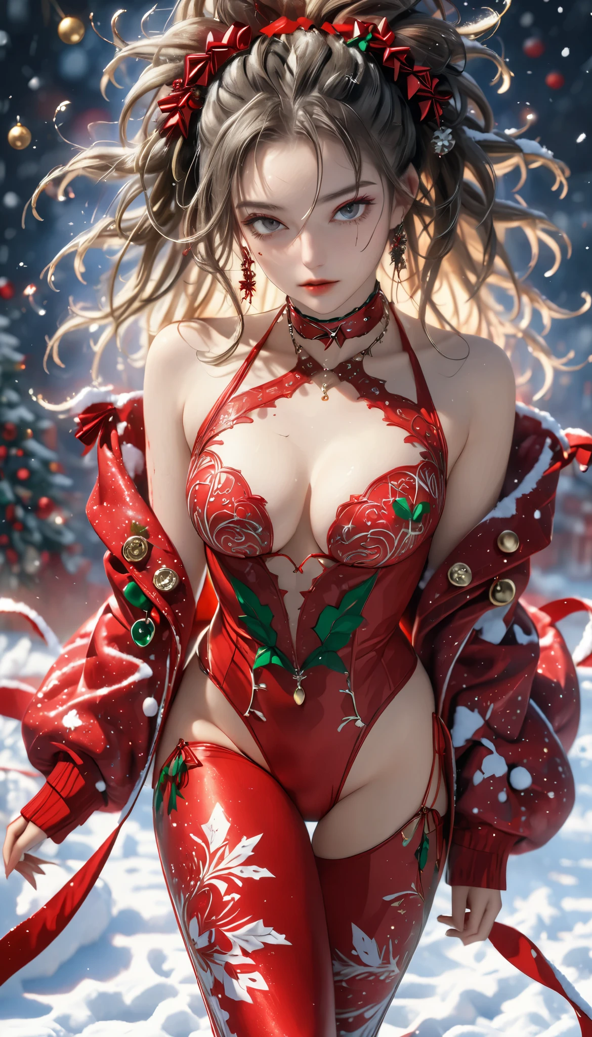 beautiful woman, cool and sadistic, amorous and lewd face, looking down with a cold gaze, make-up, beautiful messy hair, great proportion, tight suits, choker, christmas outfit, (ultra detailed, absolutely resolution, best quality:1.3), 2.5D, delicate and dynamic, shading effects, hyper realistic, artistic photography, graphic CG digital art, (full body view:1.4)