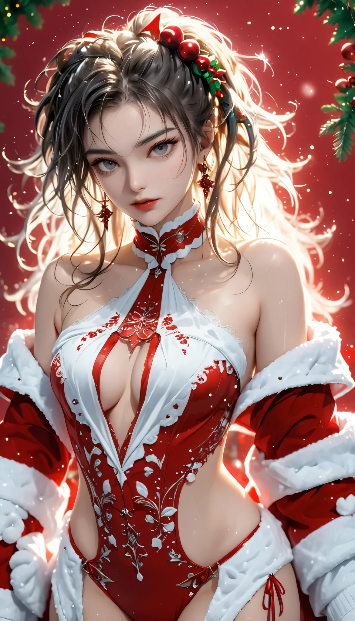 beautiful woman, cool and sadistic, amorous and lewd face, looking down with a cold gaze, make-up, beautiful messy hair, great proportion, tight suits, choker, christmas outfit, (ultra detailed, absolutely resolution, best quality:1.3), 2.5D, delicate and dynamic, shading effects, hyper realistic, artistic photography, graphic CG digital art, (full body view:1.4)