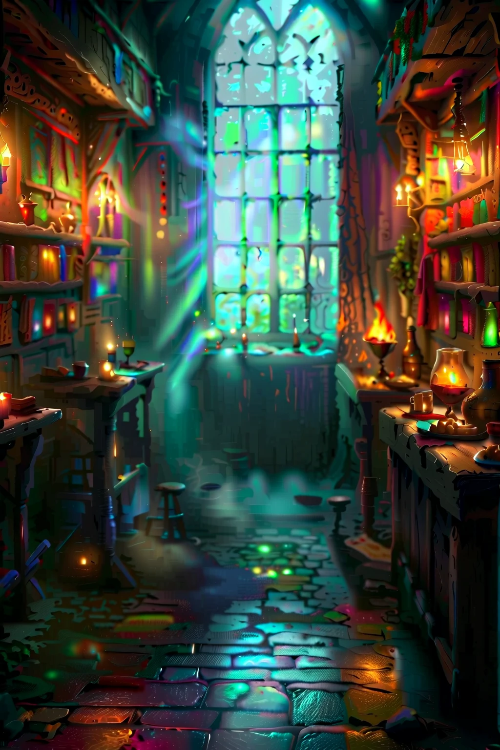 RPG concept art of a medieval fantasy tavern interior, colorful tapestries on the walls Game of Thrones Hogwarts bright morning sunlight shining in from windows with cluttered tables