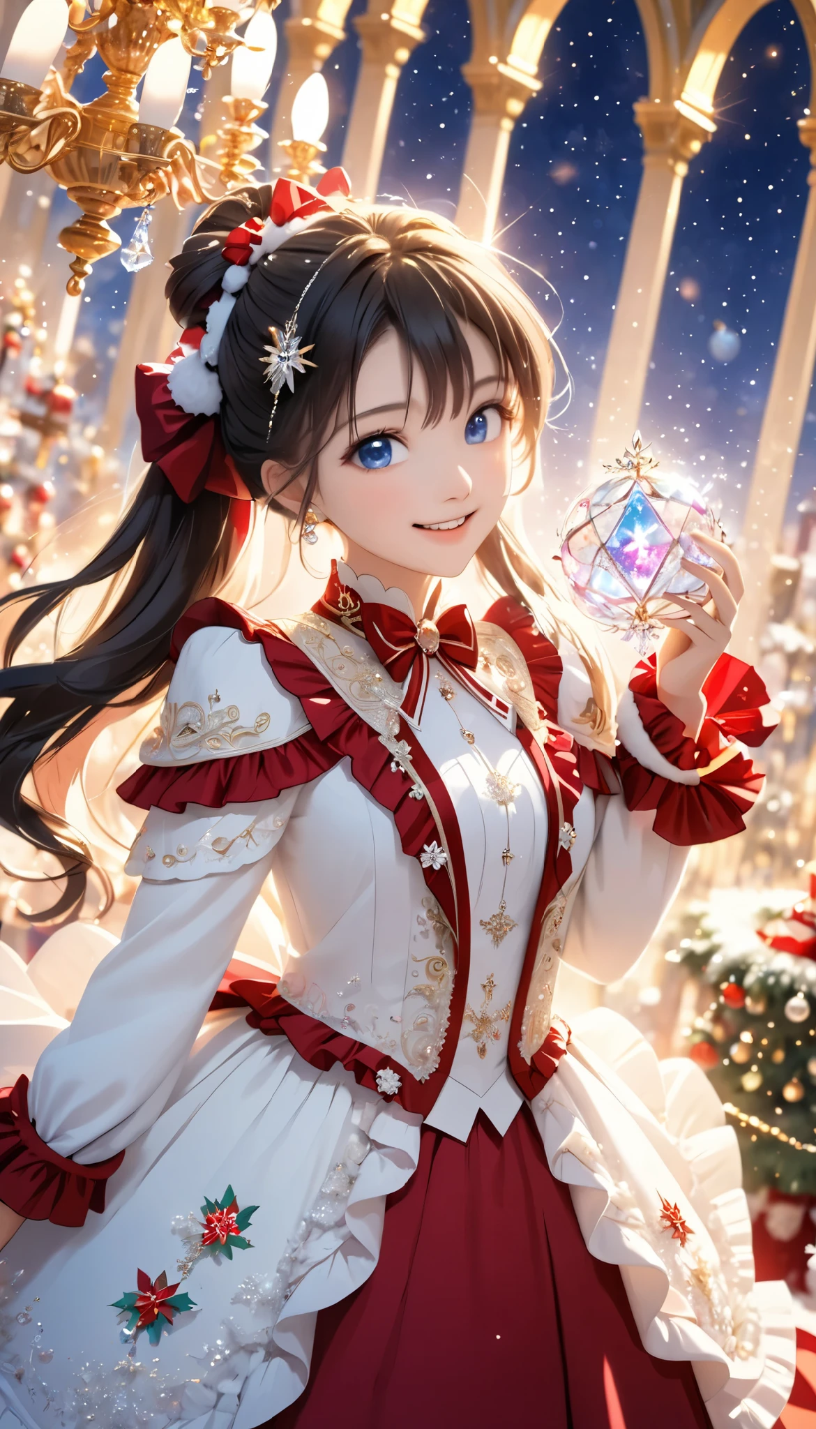 Dramatic composition, Court dress, Royal, christmas outfit, nice, Cascading Ruffles, Raffle, bow, Crystal Chandelier , Swirl Hairstyles, Place, drill-like double ponytail , camera , bangs, Maximalism , Palace-like background, Delicate depiction of hair and eyes, Princess Dress , nice skirts, Flowers in hands, (christmas outfit:1.4), smile, Starry Eyes, Cinematic Light, Extremely detailed, High Definition , happy girl , long hair, diamond with s, broken diamond with s, Crystal Fragment, Particles of light