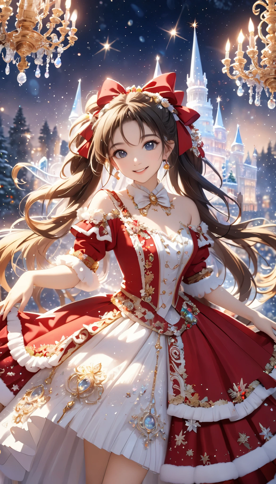 Dramatic composition, Court dress, Royal, christmas outfit, nice, Cascading Ruffles, Raffle, bow, Crystal Chandelier , Swirl Hairstyles, Place, drill-like double ponytail , camera , bangs, Maximalism , Palace-like background, Delicate depiction of hair and eyes, Princess Dress , nice skirts, Flowers in hands, (christmas outfit:1.4), smile, Starry Eyes, Cinematic Light, Extremely detailed, High Definition , happy girl , long hair, diamond with s, broken diamond with s, Crystal Fragment, Particles of light