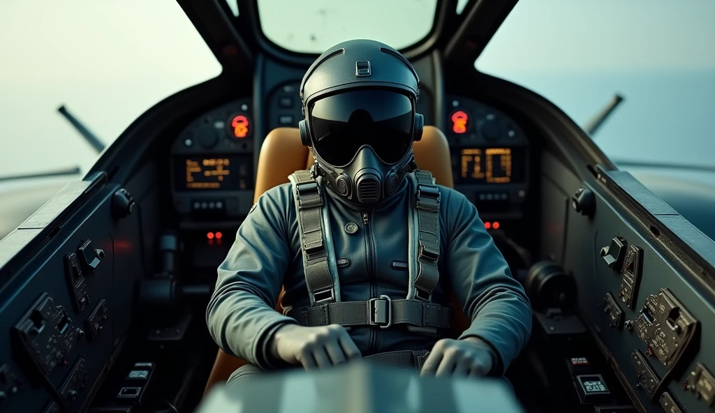 The pilot works in the cockpit of the aircraft. The pilot has a black closed helmet and his face is invisible.
