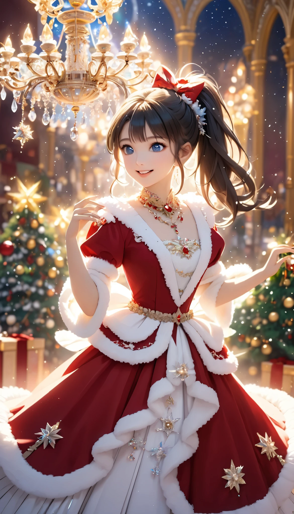 Dramatic composition, Court dress, Royal, christmas outfit, nice, Cascading Ruffles, Raffle, bow, Crystal Chandelier , Swirl Hairstyles, Place, drill-like double ponytail , camera , bangs, Maximalism , Palace-like background, Delicate depiction of hair and eyes, Princess Dress , nice skirts, Flowers in hands, (christmas outfit:1.4), smile, Starry Eyes, Cinematic Light, Extremely detailed, High Definition , happy girl , long hair, diamond with s, broken diamond with s, Crystal Fragment, Particles of light