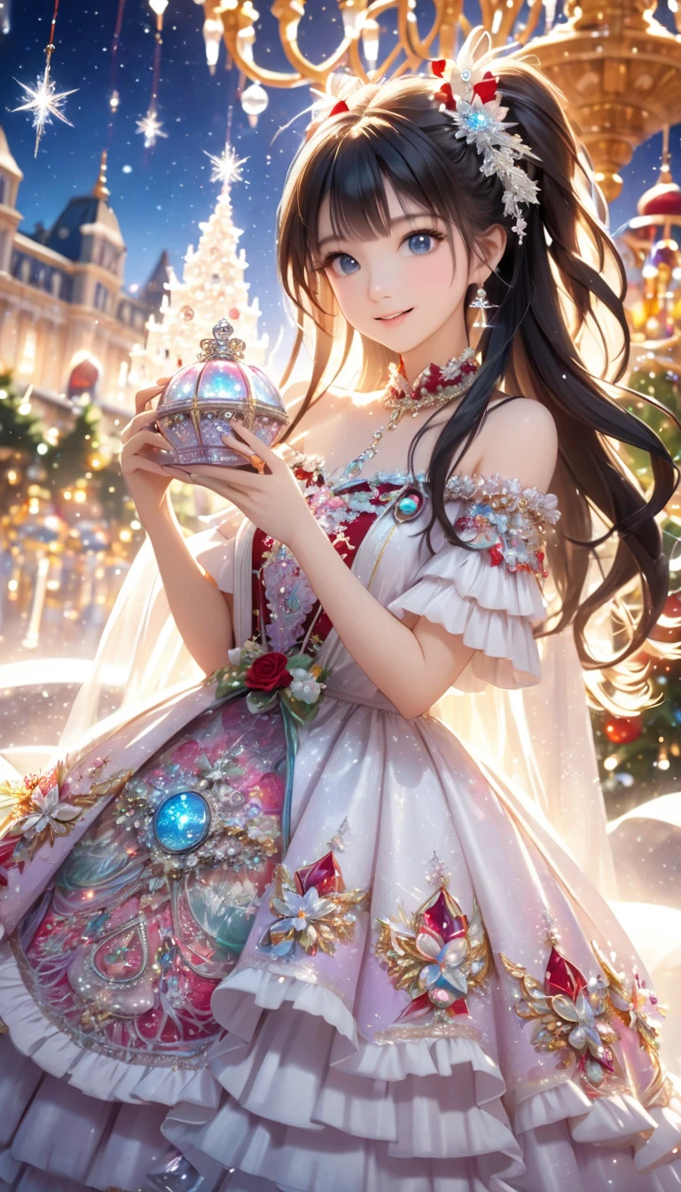 Dramatic composition, Court dress, Royal, christmas outfit, nice, Cascading Ruffles, Raffle, bow, Crystal Chandelier , Swirl Hairstyles, Place, drill-like double ponytail , camera , bangs, Maximalism , Palace-like background, Delicate depiction of hair and eyes, Princess Dress , nice skirts, Flowers in hands, (christmas outfit:1.4), smile, Starry Eyes, Cinematic Light, Extremely detailed, High Definition , happy girl , long hair, diamond with s, broken diamond with s, Crystal Fragment, Particles of light