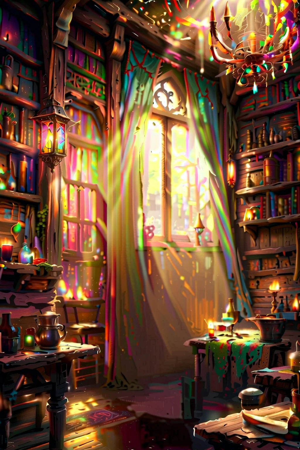 RPG concept art of a medieval fantasy tavern interior, colorful tapestries on the walls Game of Thrones Hogwarts bright morning sunlight shining in from windows with cluttered tables