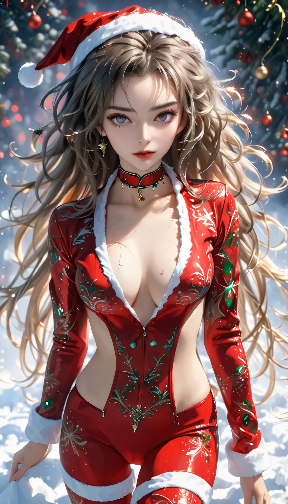 beautiful woman, cool and sadistic, amorous and lewd face, looking down with a cold gaze, make-up, beautiful messy hair, great proportion, tight suits, choker, christmas outfit, (ultra detailed, absolutely resolution, best quality:1.3), 2.5D, delicate and dynamic, shading effects, hyper realistic, artistic photography, graphic CG digital art, (full body view:1.4)