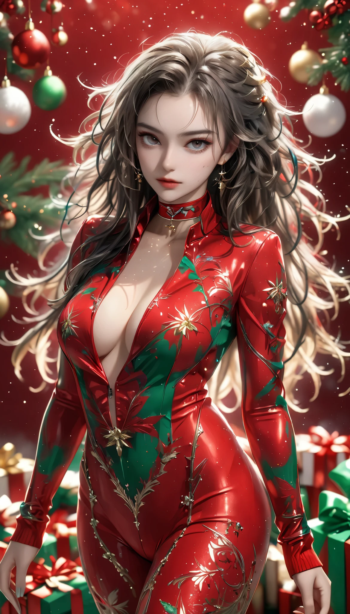 beautiful woman, cool and sadistic, amorous and lewd face, looking down with a cold gaze, make-up, beautiful messy hair, great proportion, tight suits, choker, christmas outfit, (ultra detailed, absolutely resolution, best quality:1.3), 2.5D, delicate and dynamic, shading effects, hyper realistic, artistic photography, graphic CG digital art, (full body view:1.4)