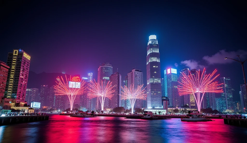 Light show in hong kong night, light with pattern is flashing in the sky 