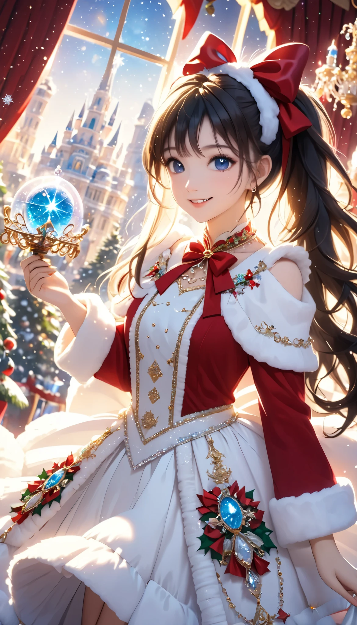 Dramatic composition, Court dress, Royal, christmas outfit, nice, Cascading Ruffles, Raffle, bow, Crystal Chandelier , Swirl Hairstyles, Place, drill-like double ponytail , camera , bangs, Maximalism , Palace-like background, Delicate depiction of hair and eyes, Princess Dress , nice skirts, Flowers in hands, (christmas outfit:1.4), smile, Starry Eyes, Cinematic Light, Extremely detailed, High Definition , happy girl , long hair, diamond with s, broken diamond with s, Crystal Fragment, Particles of light