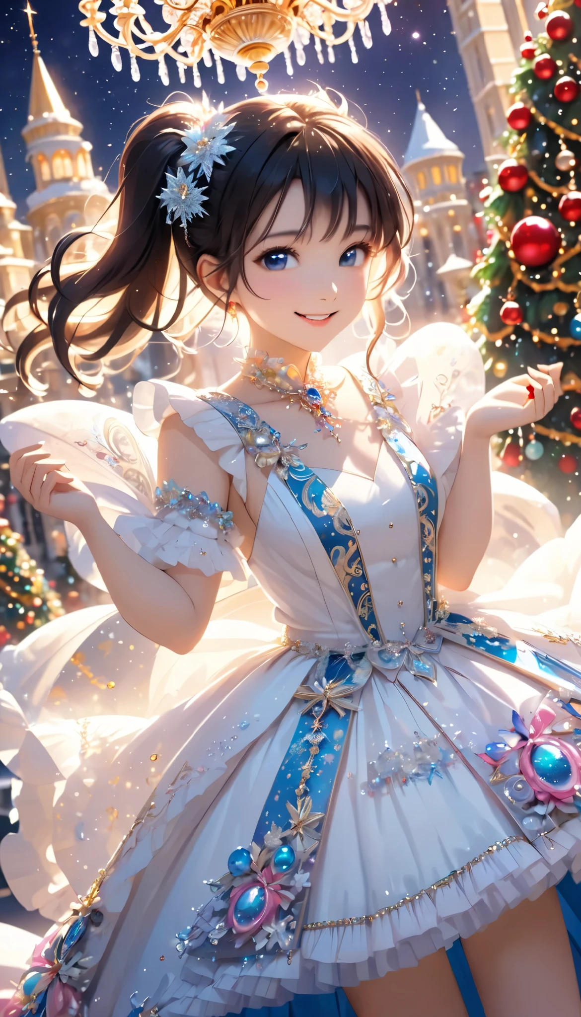 Dramatic composition, Court dress, Royal, christmas outfit, nice, Cascading Ruffles, Raffle, bow, Crystal Chandelier , Swirl Hairstyles, Place, drill-like double ponytail , camera , bangs, Maximalism , Palace-like background, Delicate depiction of hair and eyes, Princess Dress , nice skirts, Flowers in hands, (christmas outfit:1.4), smile, Starry Eyes, Cinematic Light, Extremely detailed, High Definition , happy girl , long hair, diamond with s, broken diamond with s, Crystal Fragment, Particles of light