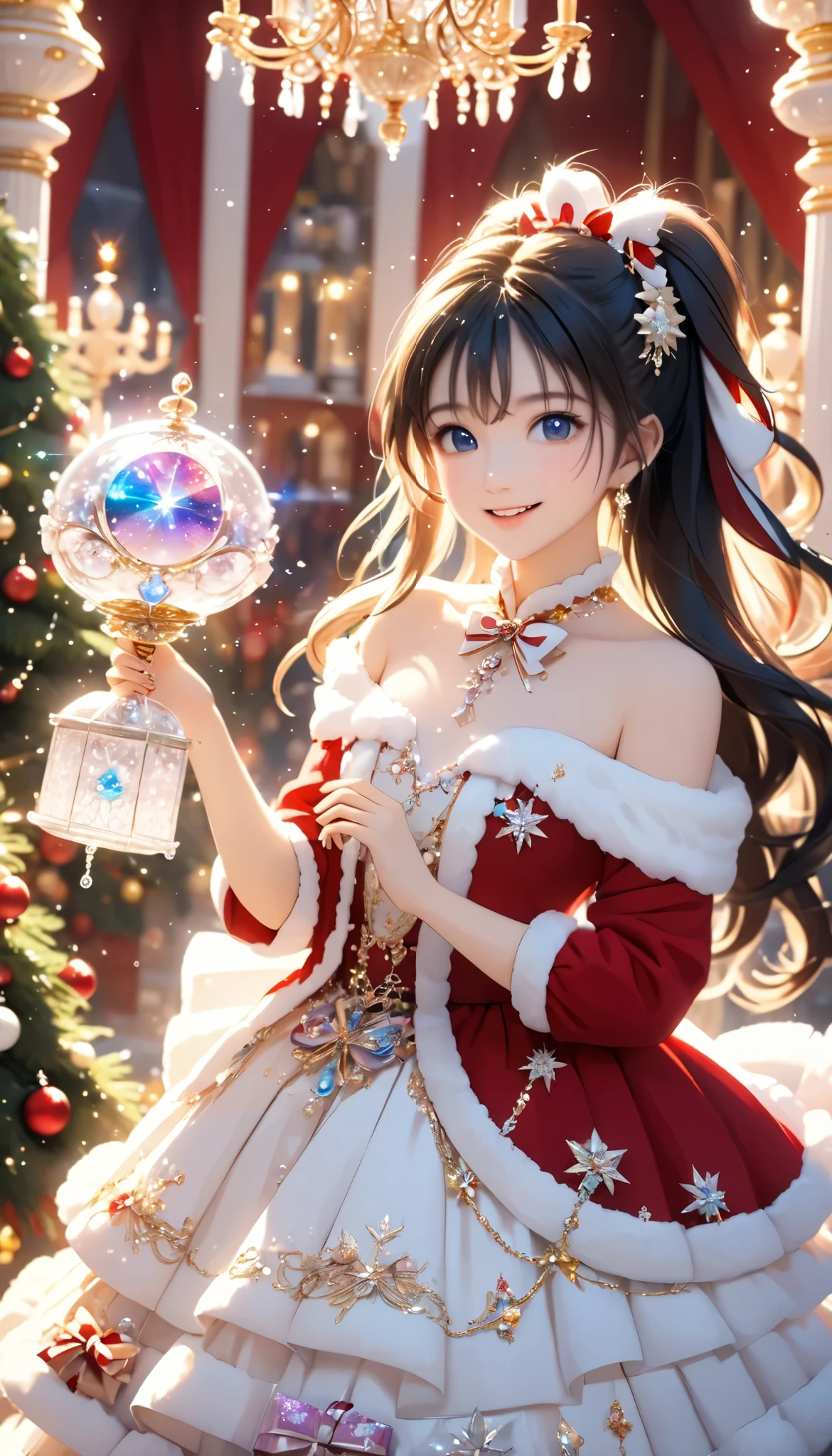 Dramatic composition, Court dress, Royal, christmas outfit, nice, Cascading Ruffles, Raffle, bow, Crystal Chandelier , Swirl Hairstyles, Place, drill-like double ponytail , camera , bangs, Maximalism , Palace-like background, Delicate depiction of hair and eyes, Princess Dress , nice skirts, Flowers in hands, (christmas outfit:1.4), smile, Starry Eyes, Cinematic Light, Extremely detailed, High Definition , happy girl , long hair, diamond with s, broken diamond with s, Crystal Fragment, Particles of light