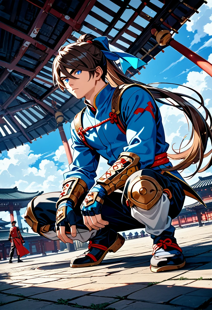 (score_9:0.7), score_7_up, source_anime,
1boy, male, tall, handsome, 
brown hair, high ponytail, bangs,
blue eyes, half-closed eyes, serious, 
squatting,  ninjya costume,

low-angle view, from below, looking down, full body, facing viewer, hip focus, facing up,
masterpiece, best quality, very aesthetic, absurdres, ultra detailed, 
detailed face, detailed eyes,