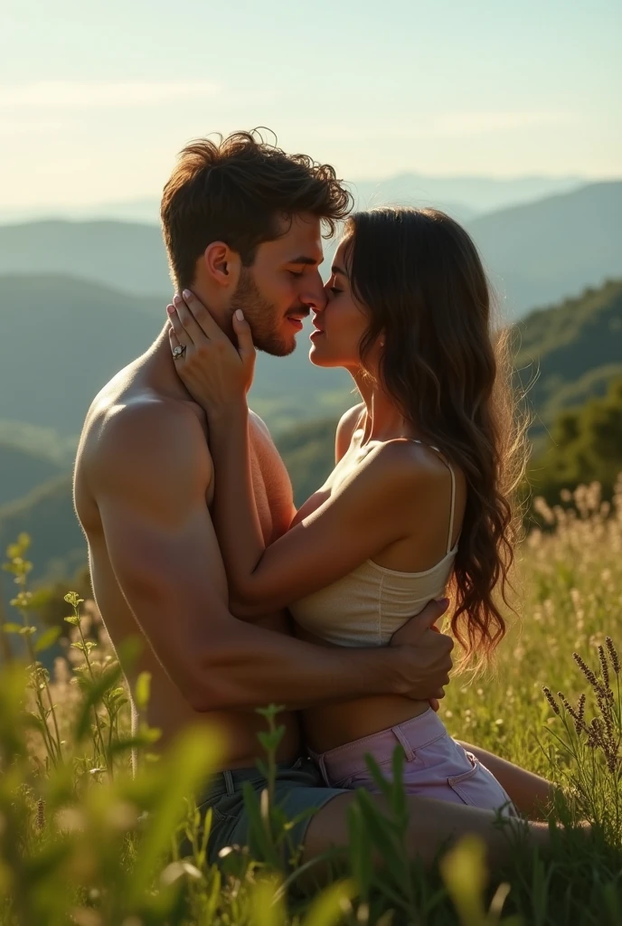 (behind view photo), (girl and boy couple photo), (white-skinned girl, American, mid-20s, detailed skin, feminine body, blue short skirt), (white-skinned boy, British, handsome body, masculine figure, wearing tight shorts) dark hair, both half-naked, hugging each other, landscape valley background, romantic view, Instagram filter, high detailed faces. ultra-realistic detailed hands, fingers, evening natural sunset light, photorealistic, Masterpiece, UHD, 16k, 8k, full body photo.