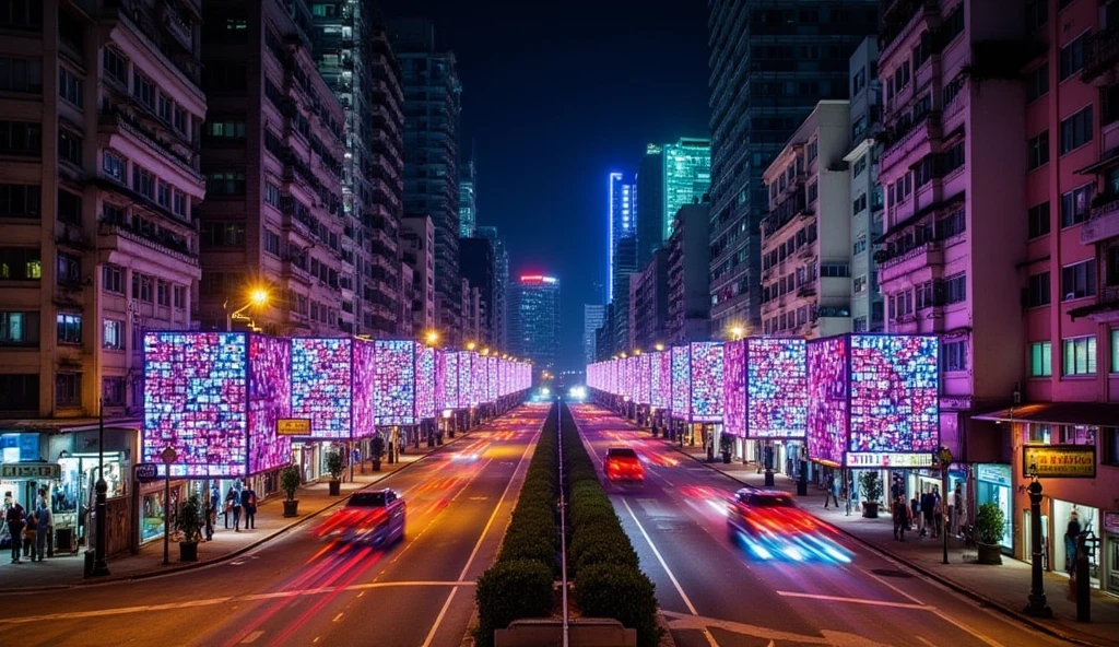 Light show in hong kong night, light with pattern is flashing in the sky view from hongkong street 