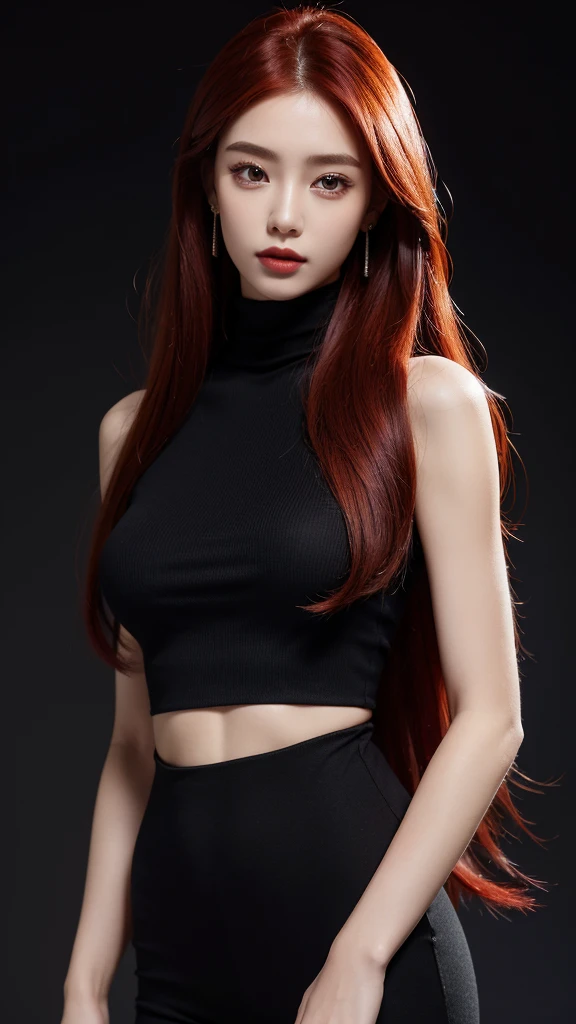 1 babe, red hair, long hair, black crop top, sleeveless, turtleneck, , black shorts, parted lips, large breasts