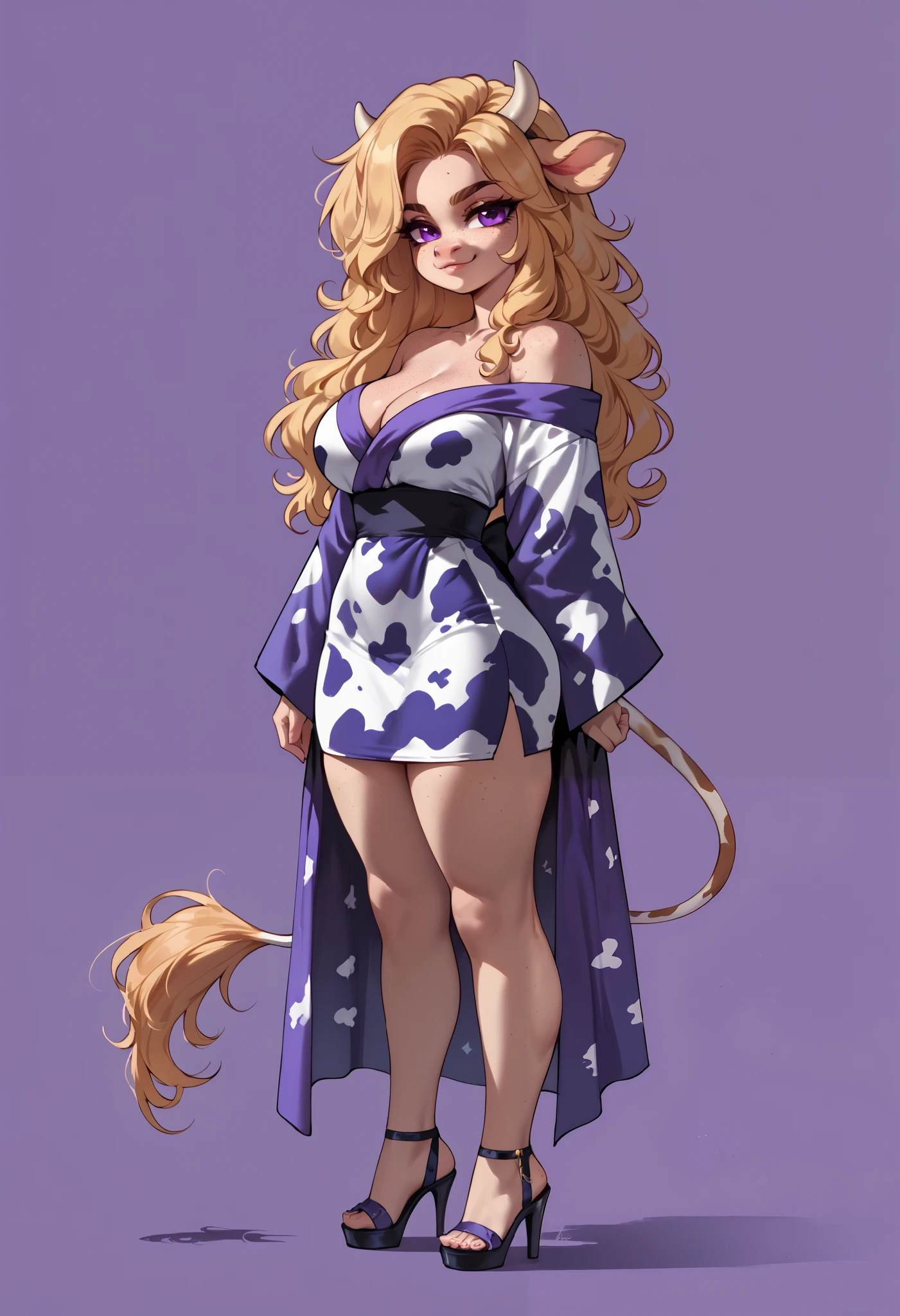 (solo) female anthro cow, long fluffy hair, cow, big breasts, attractive,off shoulder kimono dress, fit body, cow tail,, thicc, freckles, freckles on face, smug eyes, (mad expression), she is standing look to the right, violet background, simple background, thick thighs (side view) high heels