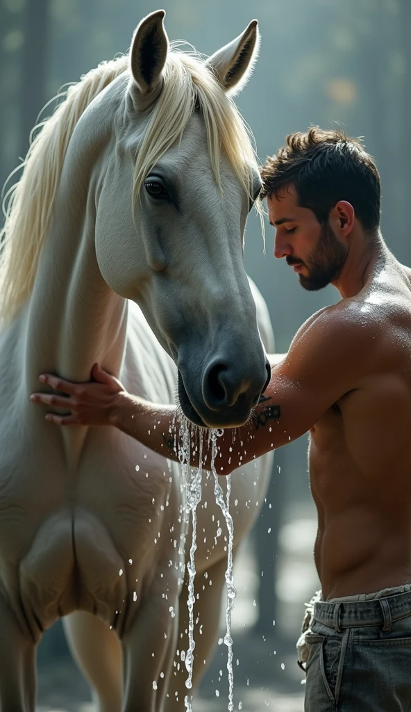 A shirtless handsome man with a wet body riding a large white horse like a Roman prince, shirtless, with orange smoke surrounding him, very beautiful scenery