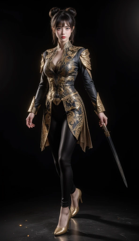 In an ultra-high resolution masterpiece, a  style girl stands solitary, her black hair tied in a bun and her blunt bangs framing her face. She wears Chinese clothes, long sleeves adorned with an eastern dragon pattern, and tight shiny leggings. Her golden footwear complements her outfit, and she is anatomically correct, enhancing the realism of the image. Her smoky makeup and black eyeshadow accentuate her eyes, while her black lips add to her mysterious allure. She keeps a samurai sword, symbolizing her readiness for battle. Jewelry, such as earrings, adorn her ears, and she looks at the audience with a sense of disgust. The background is black, emphasizing her solitude and the intricate details of her attire and expression. This image is a super detailed and extremely delicate portrayal of a solitary warrior, capturing her strength and beauty in a single moment.