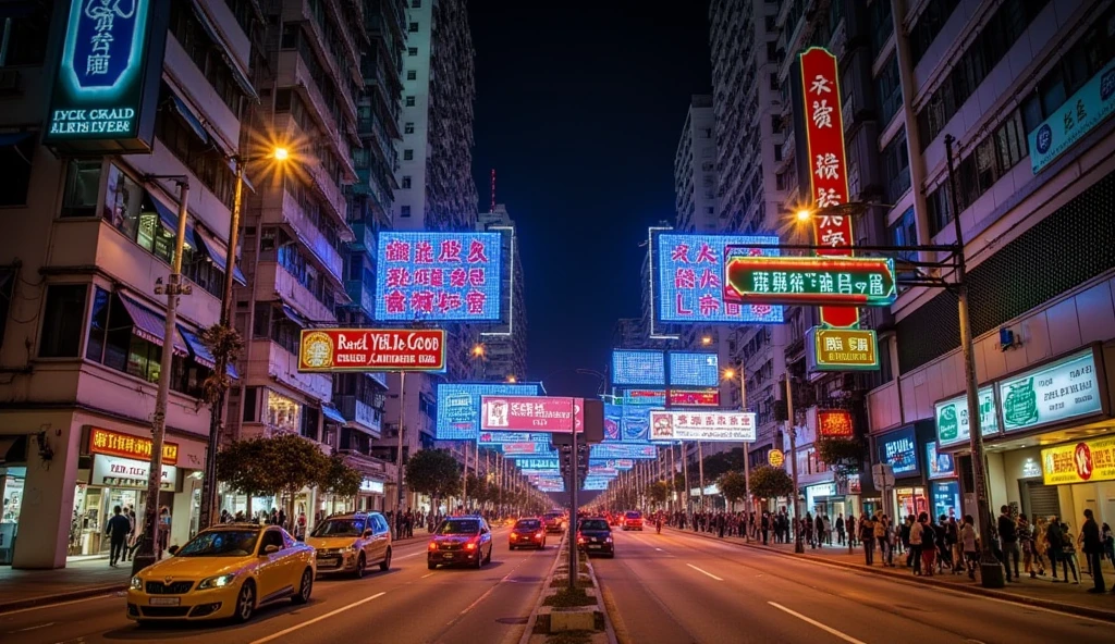 Light show in hong kong night, (light with pattern is flashing in the sky), view from hongkong street 