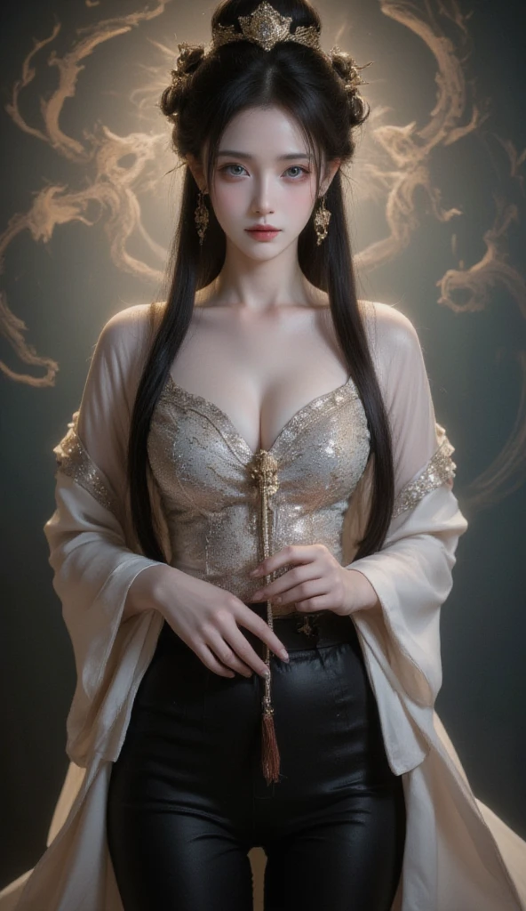 In an ultra high resolution masterpiece, a  style girl with black hair sits, her full body captured in a wide shot with a wide-angle lens. The panoramic view emphasizes her delicate beauty and the intricate details of her attire. She wears jewelry, including earrings, and her long hair is braided, adding to her elegant appearance. Her blue eyes gaze directly at the viewer, a contrast to her red lips and closed mouth. She is dressed in black pants and Chinese clothes with wide sleeves, holding a weapon in her own hands. The scene is set against an eastern dragon backdrop, enhancing the mystical and powerful atmosphere. The low angle shooting with a super wide lens adds to the dramatic and disgusted expression on her face, capturing her full body in a super detailed and extremely delicate manner.