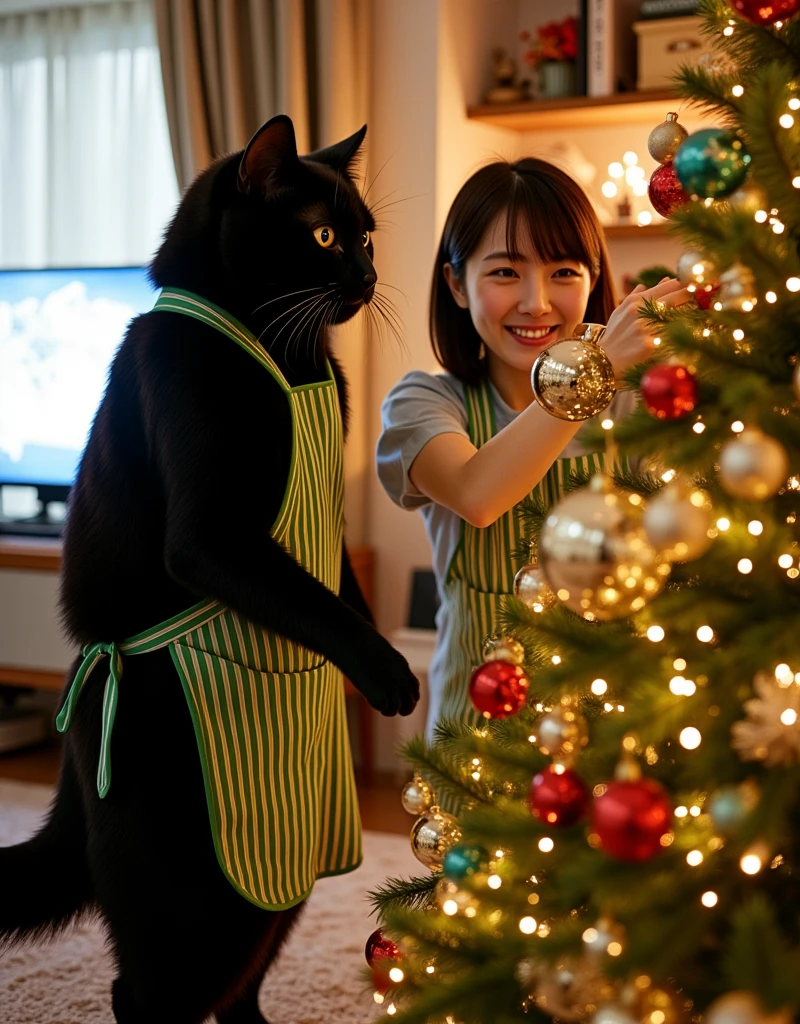 ultra-realistic, photorealistic, dramatic scene, shadow, global-illumination, (the human-like very large black cat with vertical striped green apron is decorating a Christmas tree in the stylish Japanese apartment room), (A beautiful with cute Japanese 20 years old girl is also decorating a Christmas tree), (20 years old girl with shoulder-length brown hair), the girl looks so happy, a TV and table and shelf are in the room, gorgeously decorated with Christmas decorations